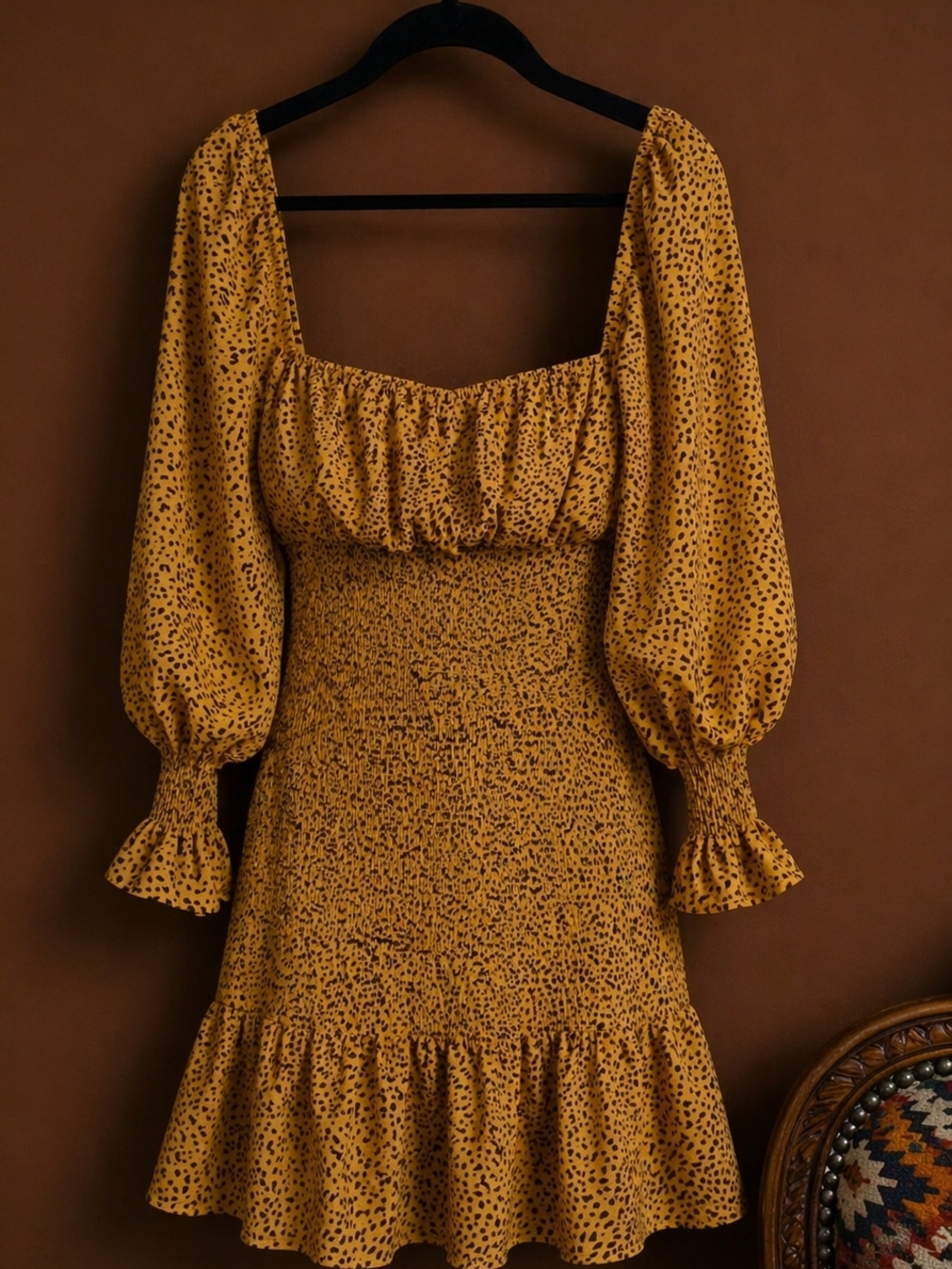 Anthropologie Mustard Yellow Smocked Mini Dress with Puff Sleeves NWOT